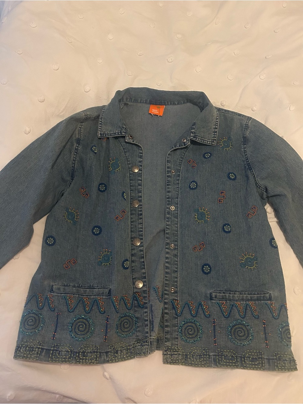 Embroidered Denim Jacket with Sun & Spiral Motifs